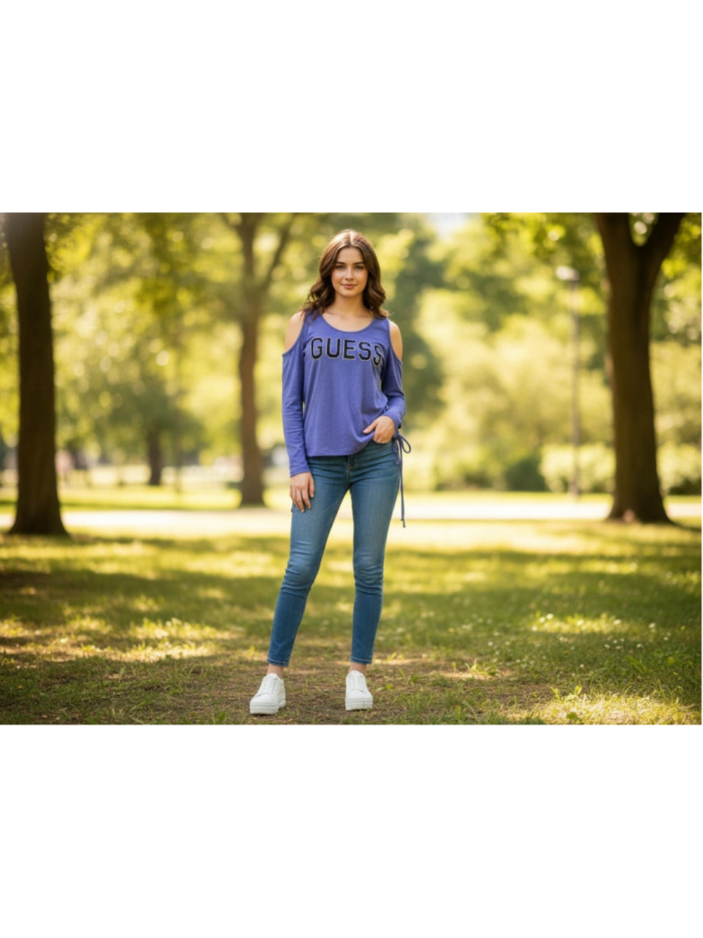 Women's Guess Long Sleeve Cold Shoulder Tee Purple Size XL